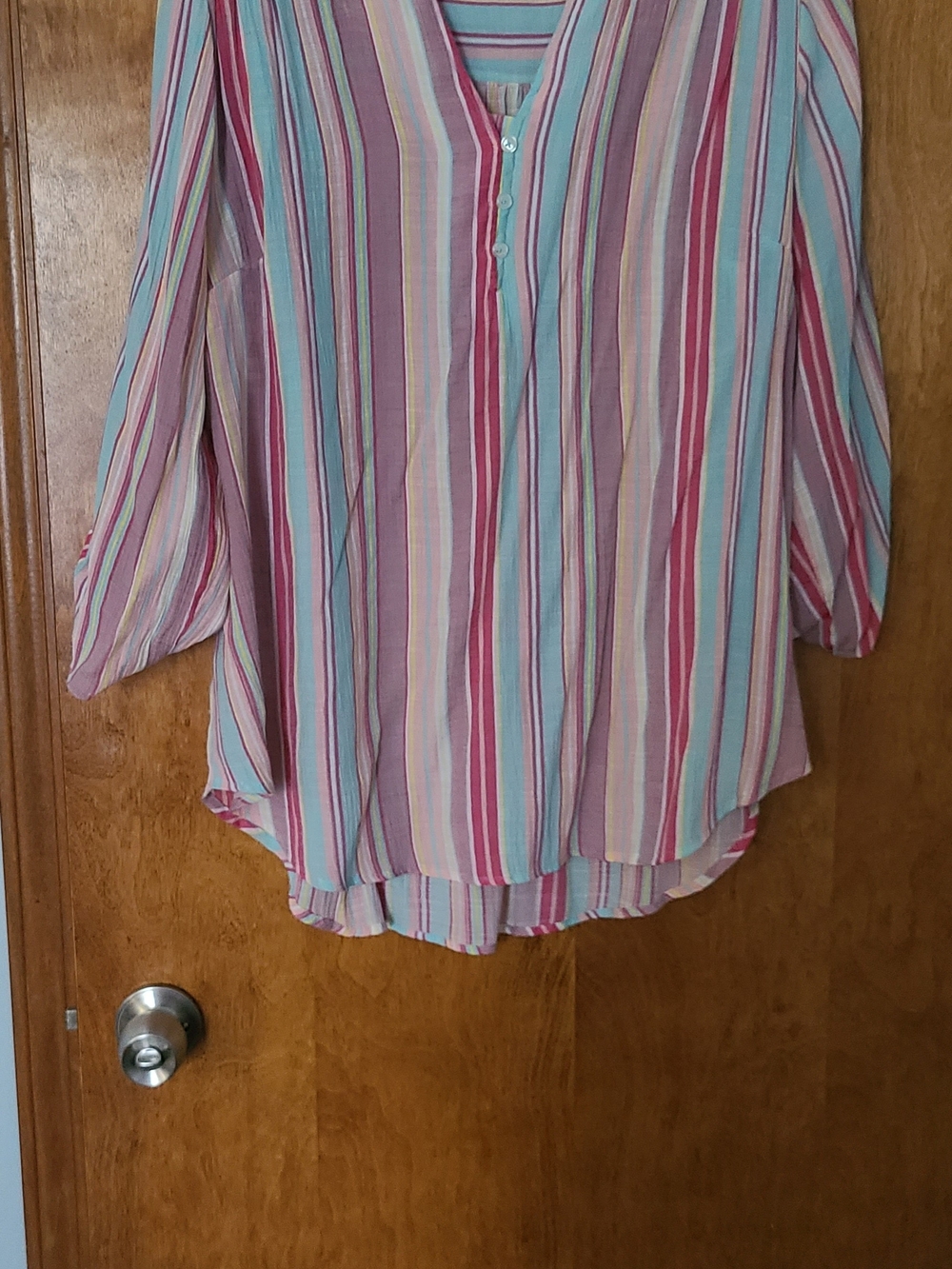 Lee Striped V-Neck Blouse in Pink, Teal & Cream